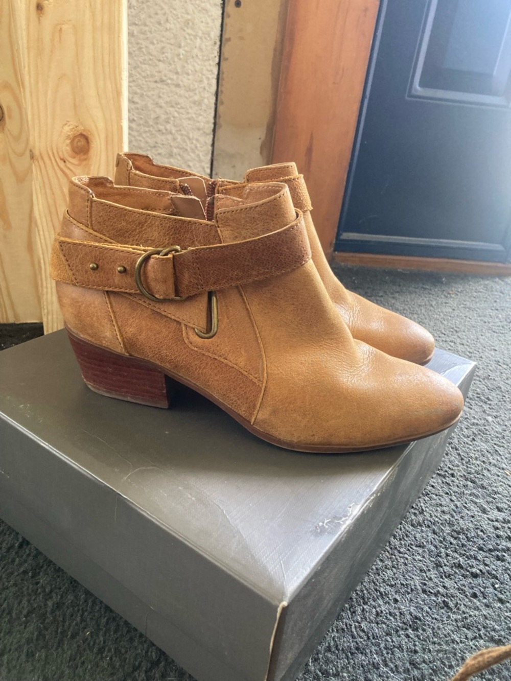 Clarks Tan Suede Ankle Booties with Buckle Strap